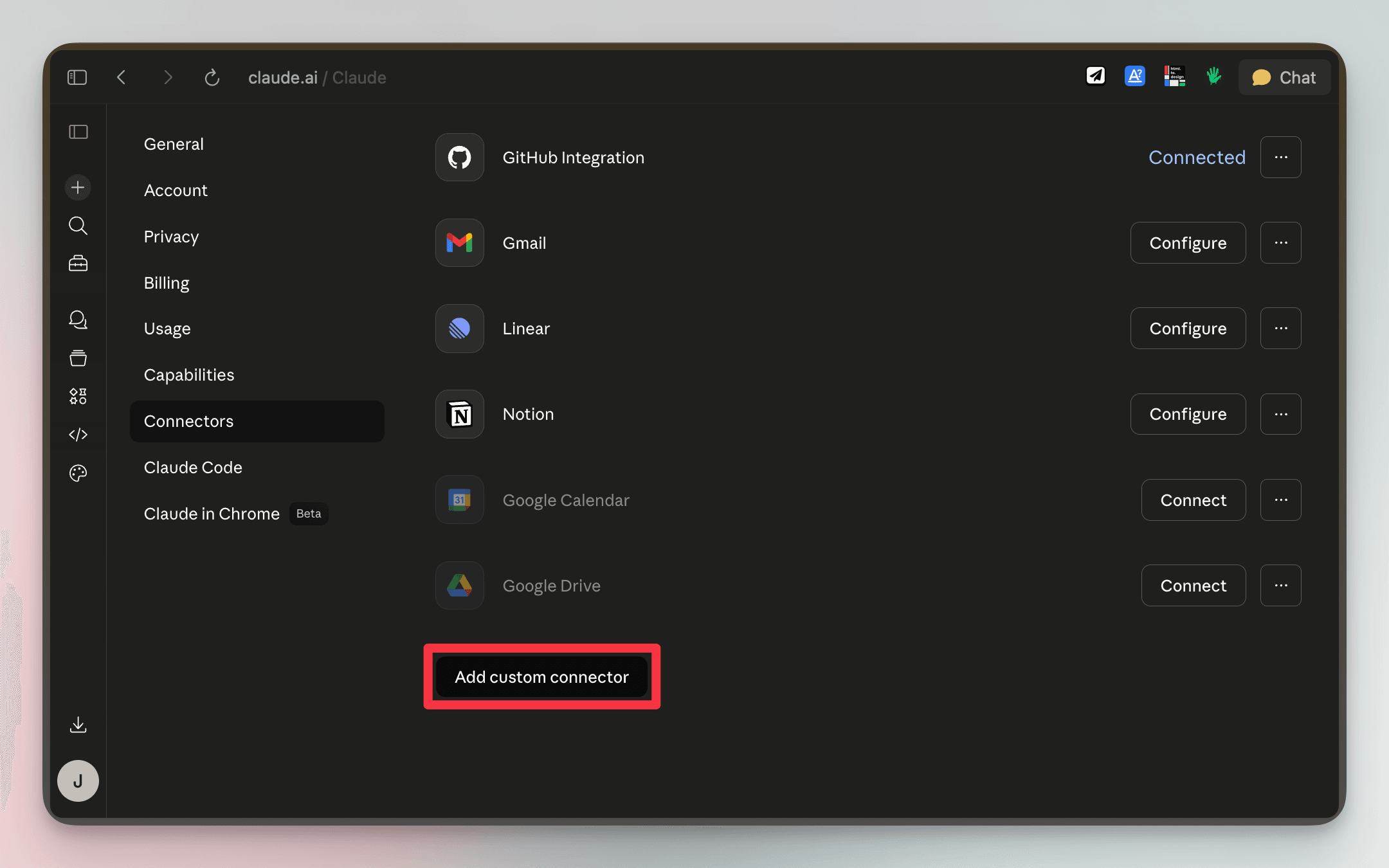 Click Add custom connector